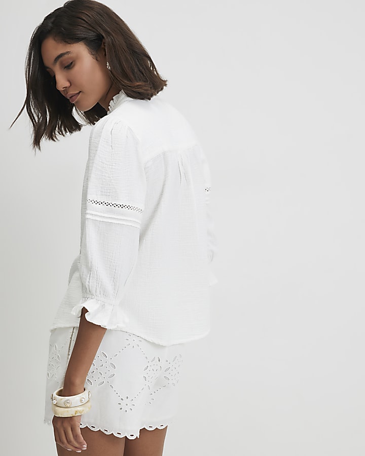 White Cotton Frill Sleeve Pintuck Blouse