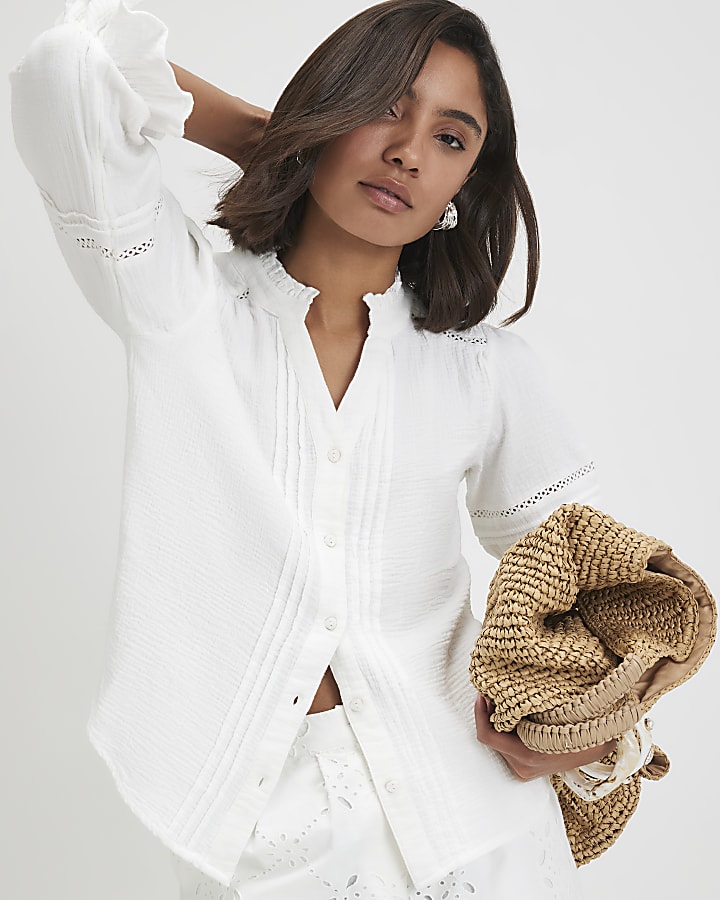 White Cotton Frill Sleeve Pintuck Blouse