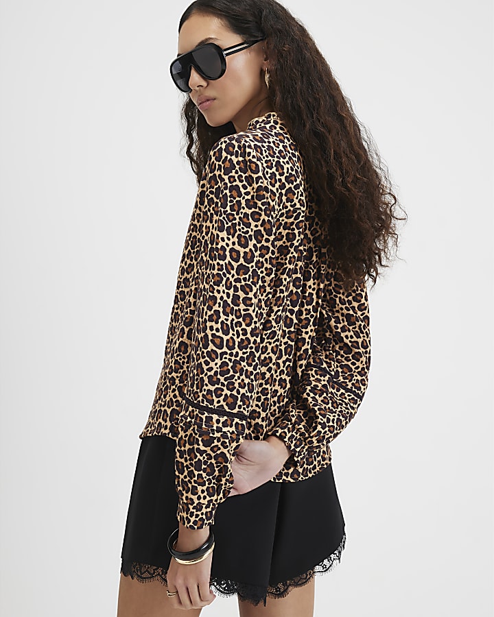 Brown Cotton Leopard Pintuck Blouse