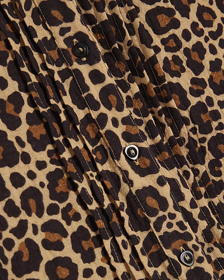 Brown Cotton Leopard Pintuck Blouse
