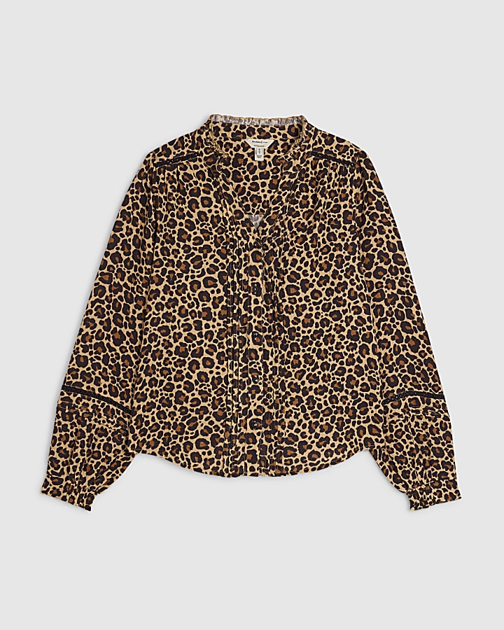 Brown Cotton Leopard Pintuck Blouse
