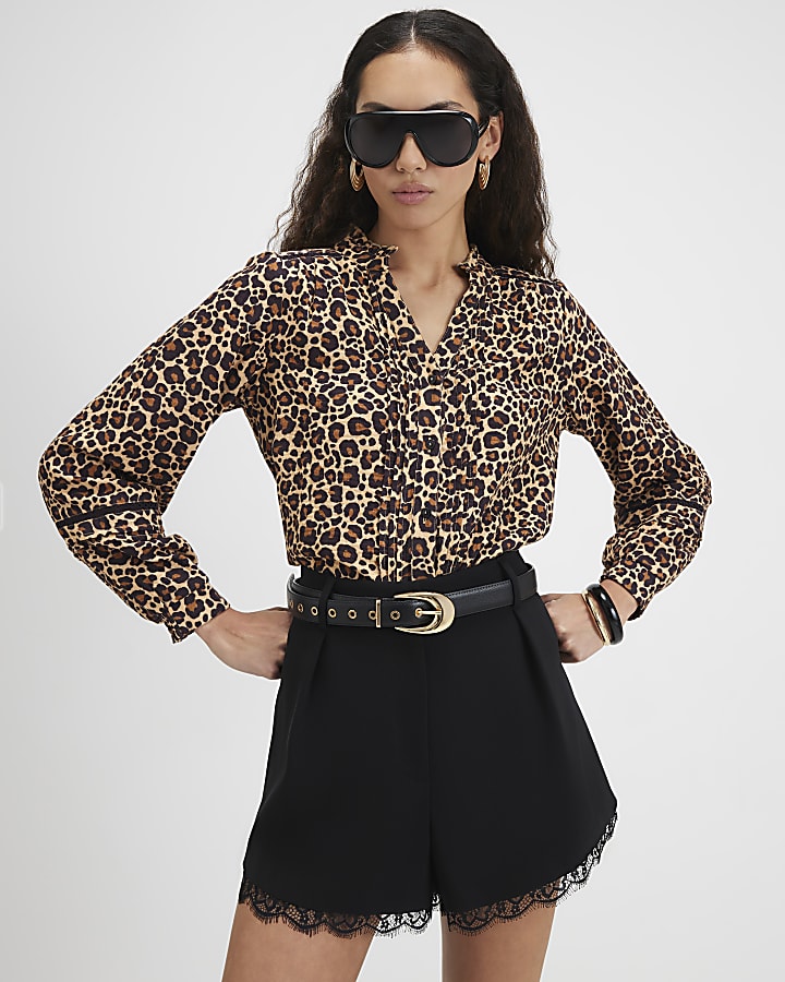 Brown Cotton Leopard Pintuck Blouse