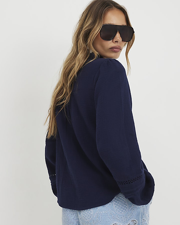 Navy Cotton Long Sleeve Pintuck Blouse