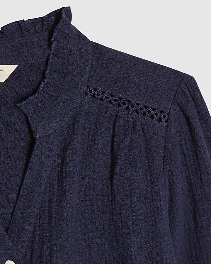 Navy Cotton Long Sleeve Pintuck Blouse