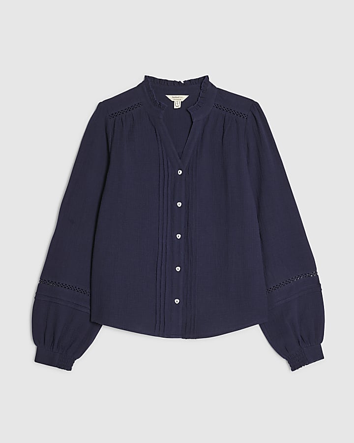 Navy Cotton Long Sleeve Pintuck Blouse