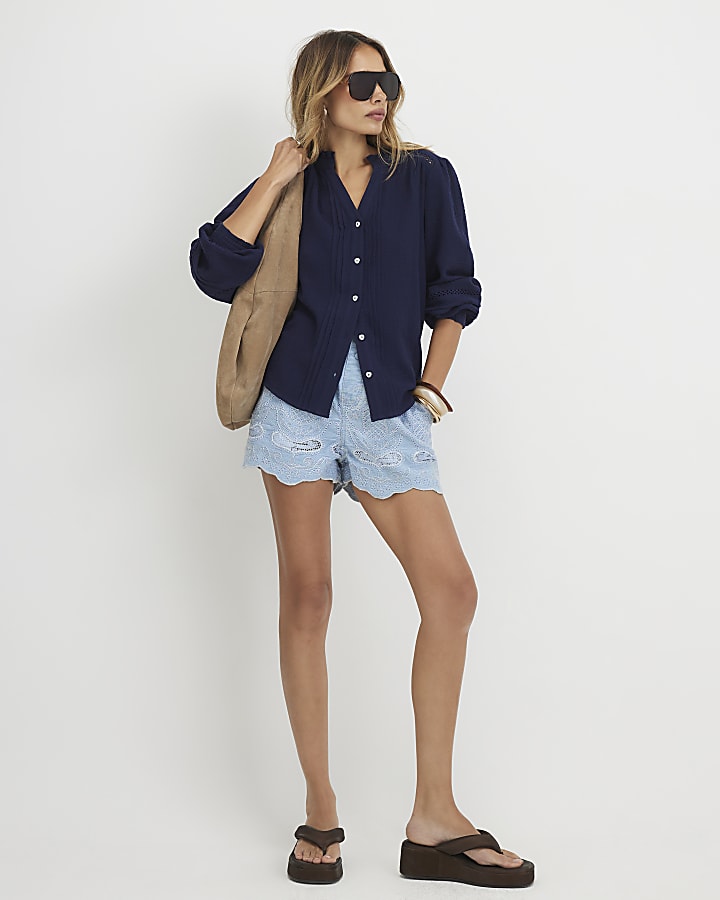 Navy Cotton Long Sleeve Pintuck Blouse