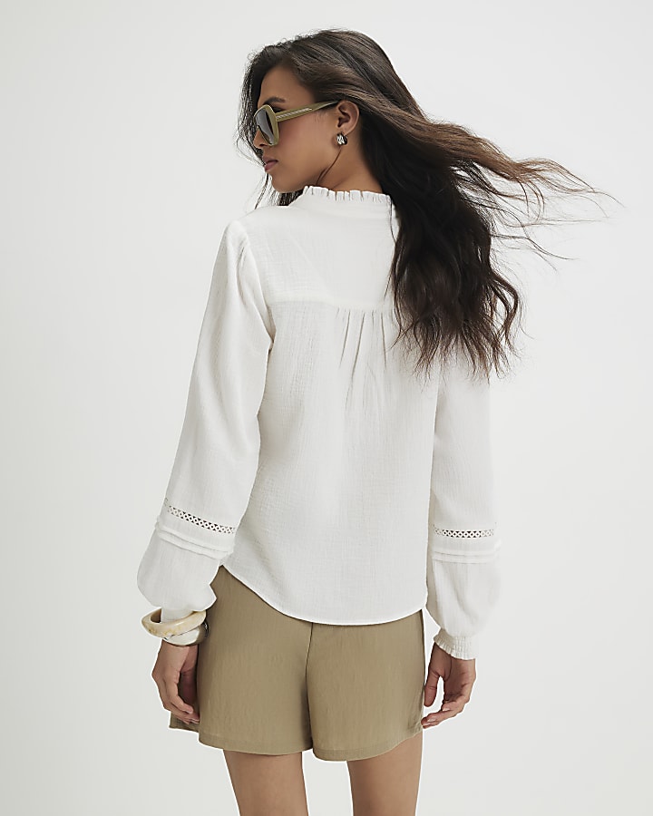White Cotton Long Sleeve Pintuck Blouse