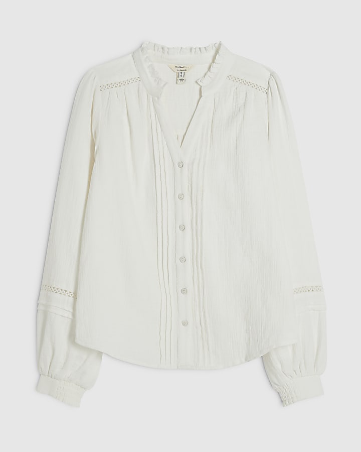 White Cotton Long Sleeve Pintuck Blouse