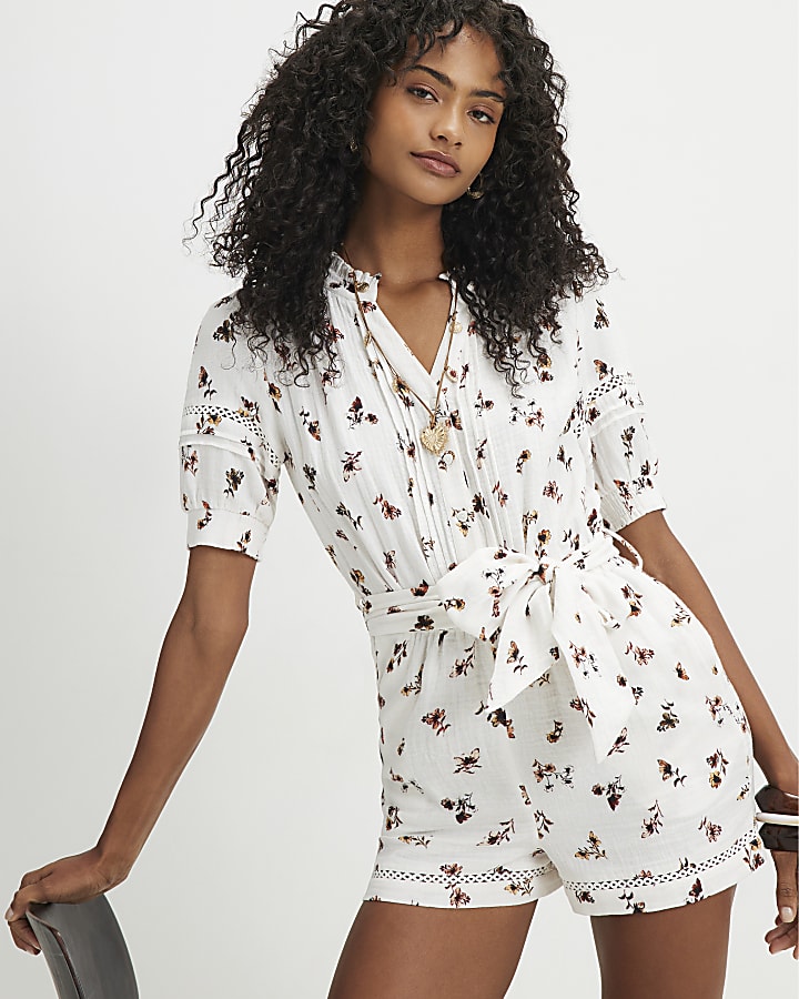 Cream Cotton Floral Textured Playsuit