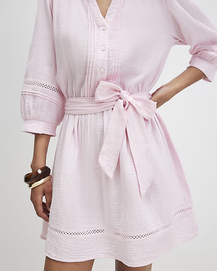 Pink Cotton Textured Mini Dress