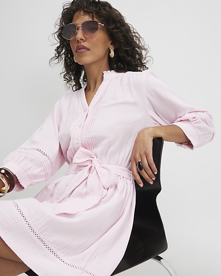 Pink Cotton Textured Mini Dress