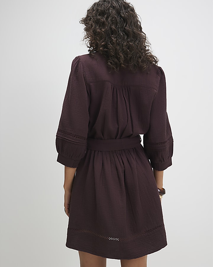 Brown Cotton Textured Mini Dress