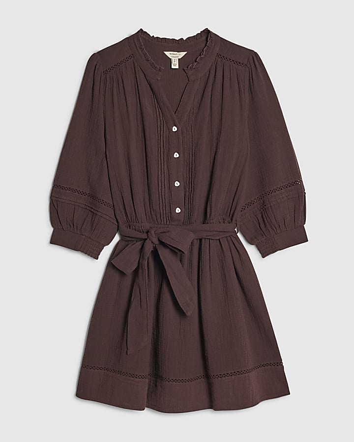 Brown Cotton Textured Mini Dress
