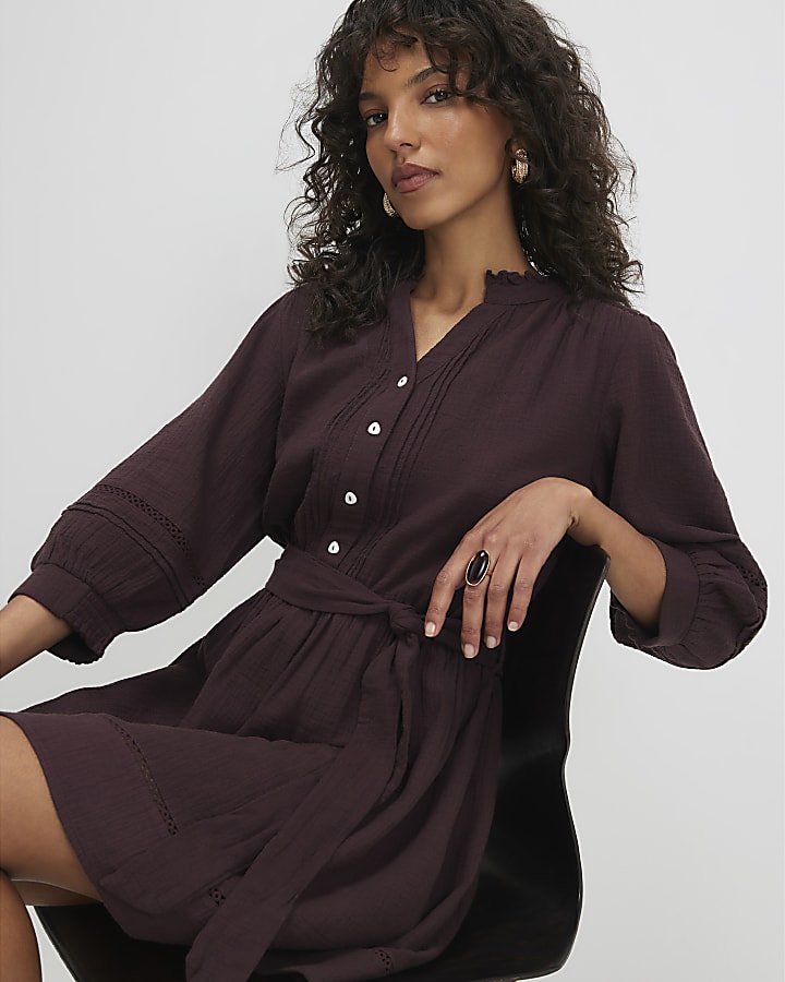 Brown Cotton Textured Mini Dress