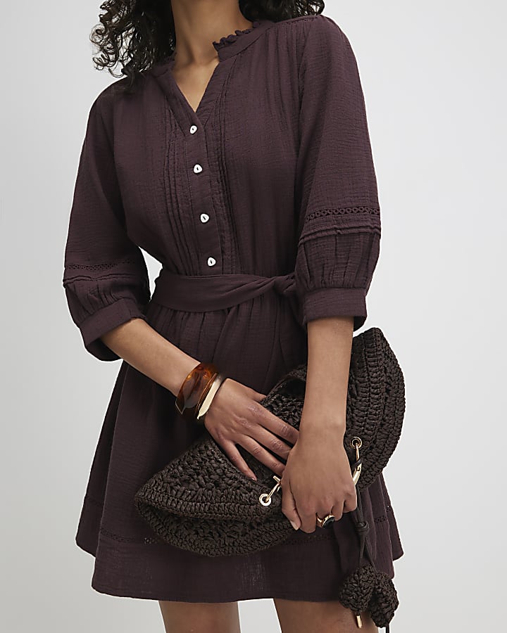 Brown Cotton Textured Mini Dress