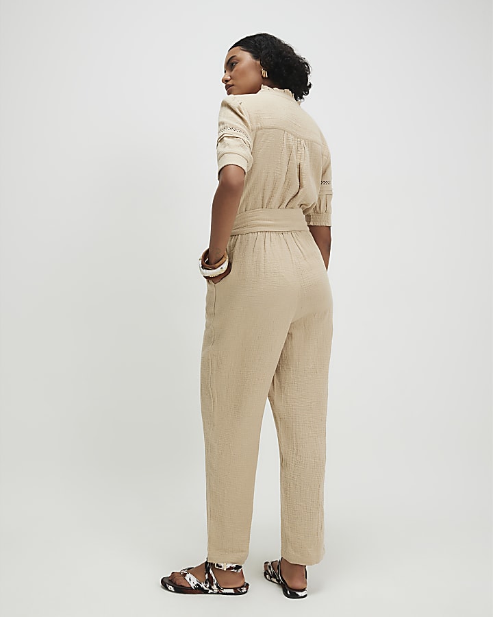 Beige Cotton Textured Jumpsuit