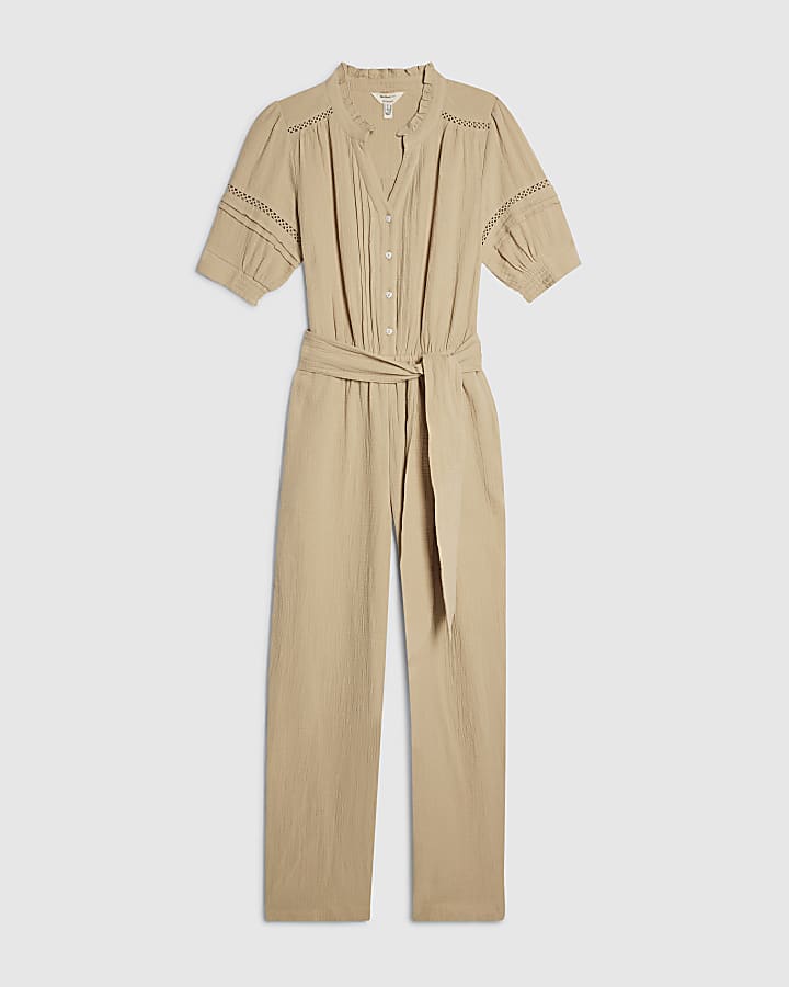 Beige Cotton Textured Jumpsuit