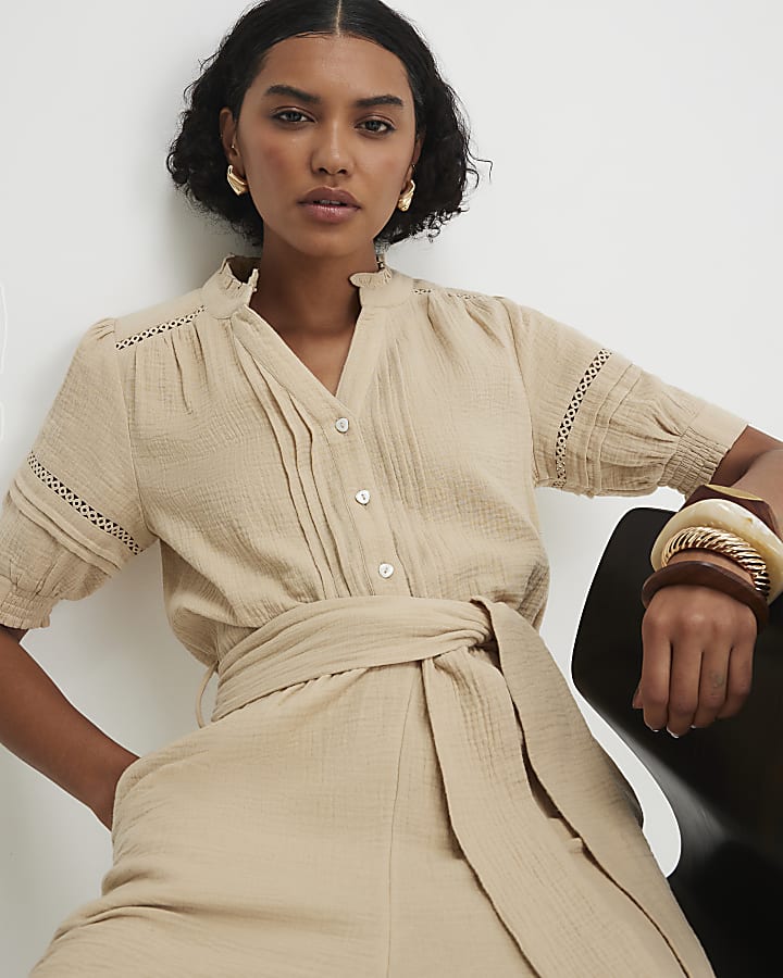 Beige Cotton Textured Jumpsuit