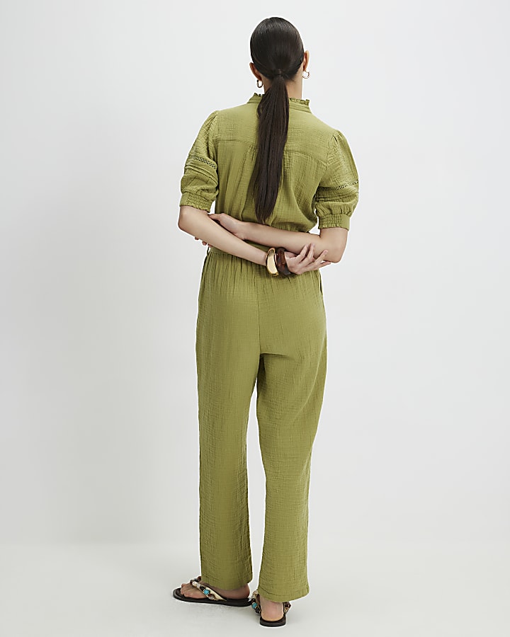 Khaki Cotton Textured Jumpsuit