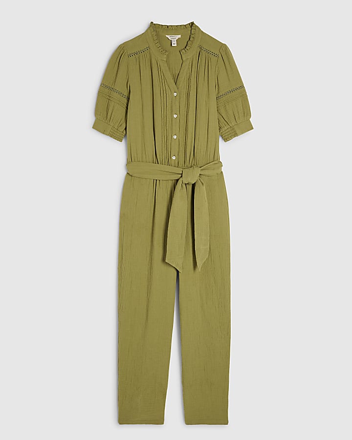 Green Cotton Textured Jumpsuit