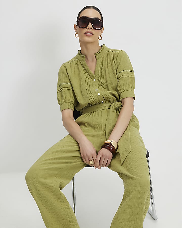 Khaki Cotton Textured Jumpsuit