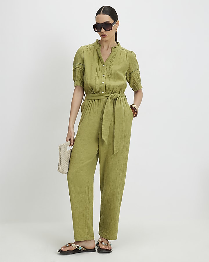 Khaki Cotton Textured Jumpsuit