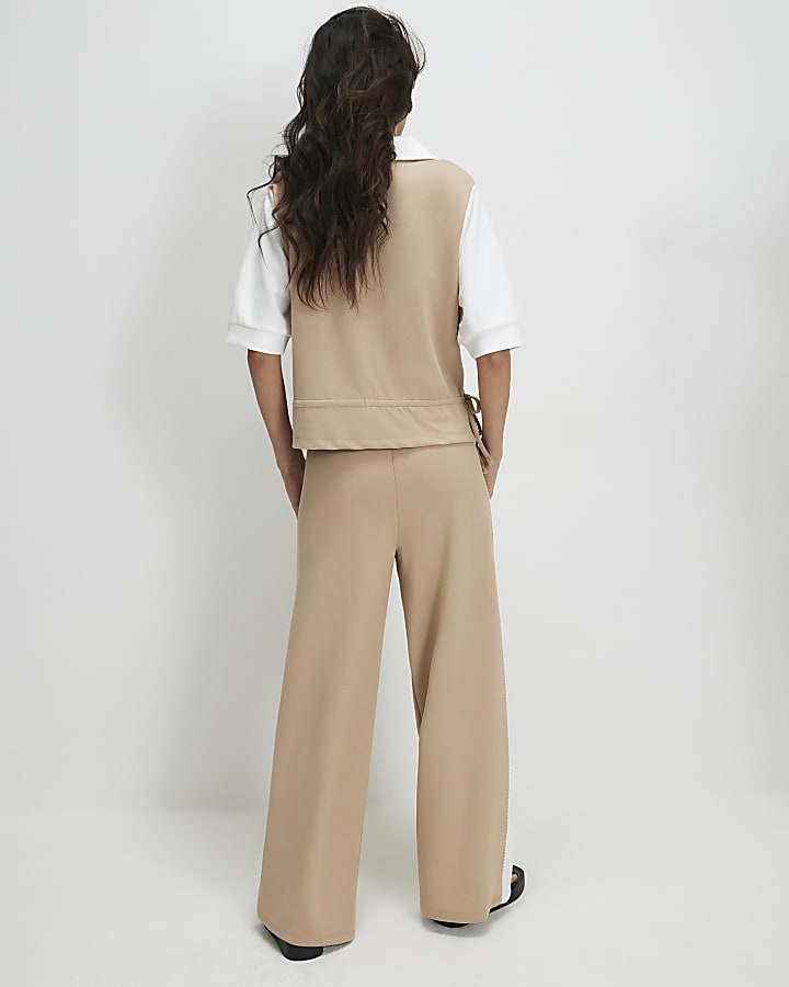 Beige Premium Blocked Wide Leg Trousers