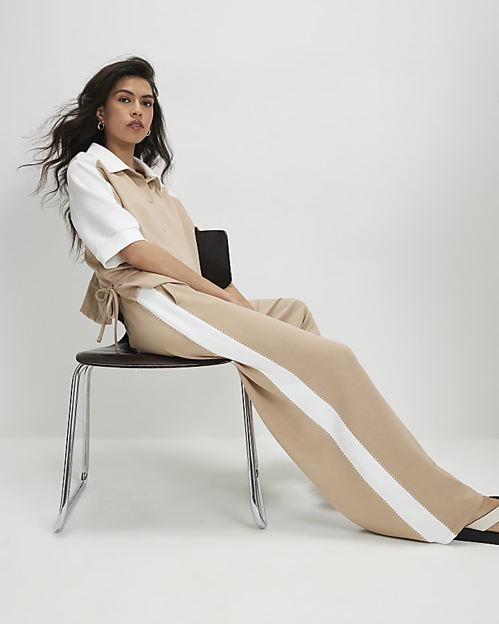 Beige Premium Blocked Wide Leg Trousers