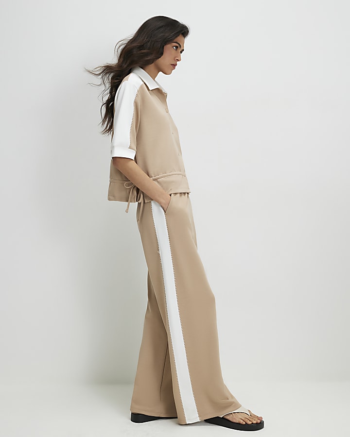 Beige Premium Blocked Wide Leg Trousers