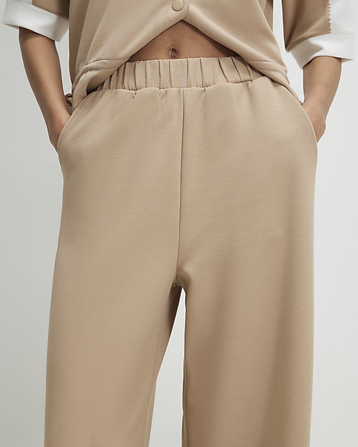Beige Premium Blocked Wide Leg Trousers