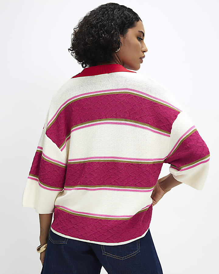 Pink Colour Blocked Knit Diamante Polo Top