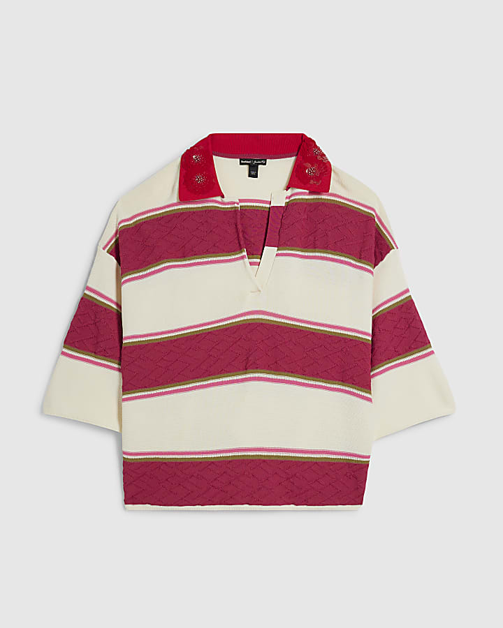 Pink Colour Blocked Knit Diamante Polo Top