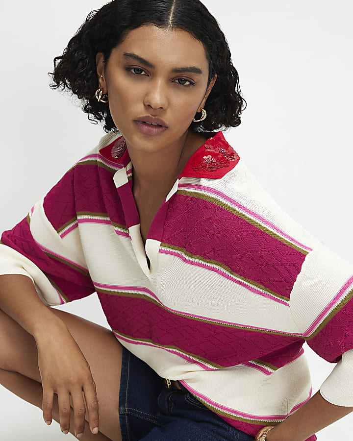 Pink Colour Blocked Knit Diamante Polo Top