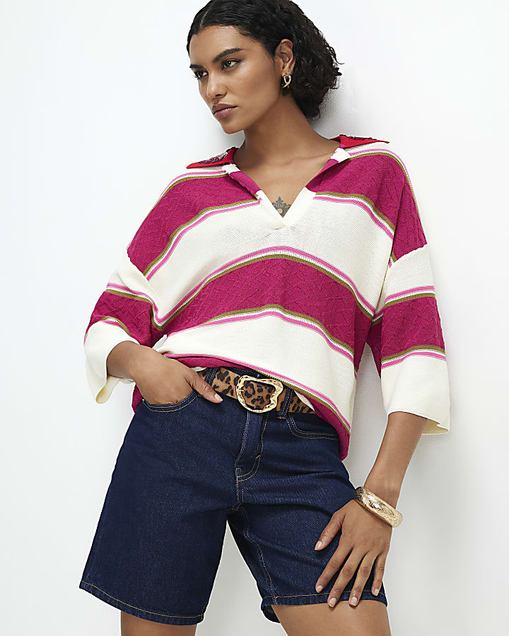 Pink Colour Blocked Knit Diamante Polo Top