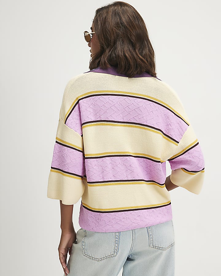 Yellow Colour Blocked Knit Diamante Polo Top