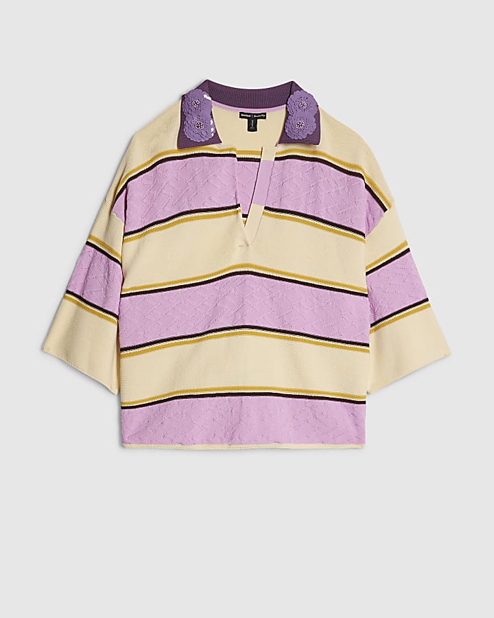 Yellow Colour Blocked Knit Diamante Polo Top