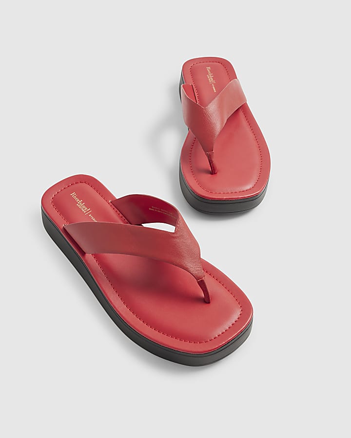 Red Leather Flatform Toe Thong Sandals
