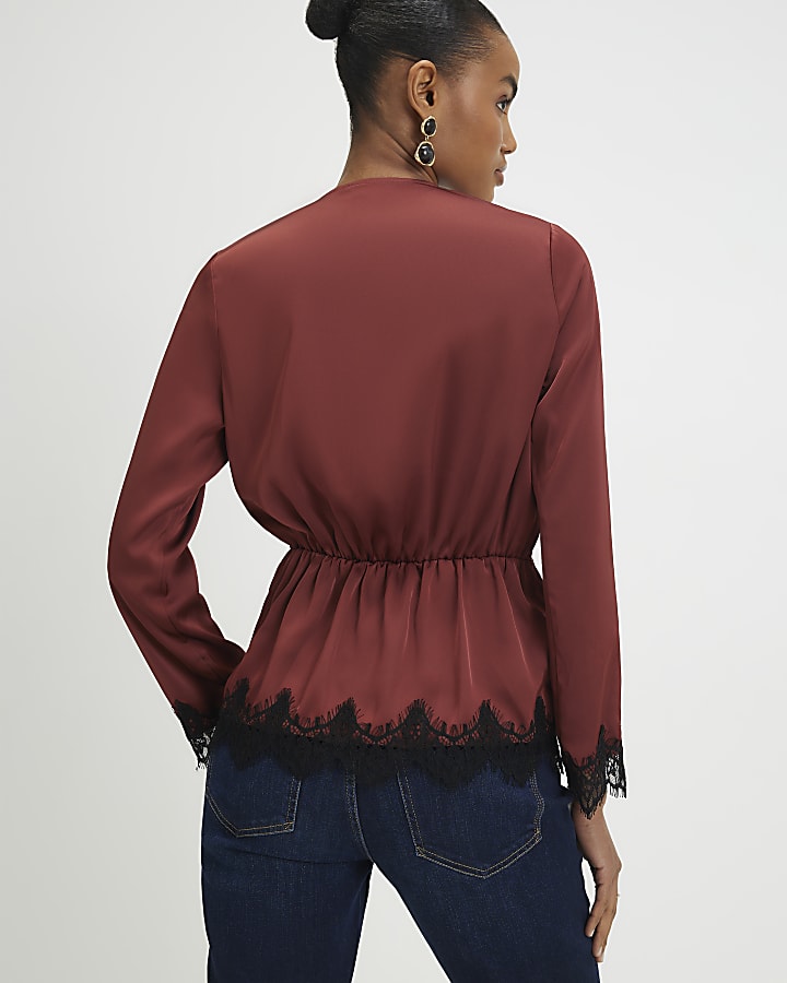 Brown Knot Front Lace Top
