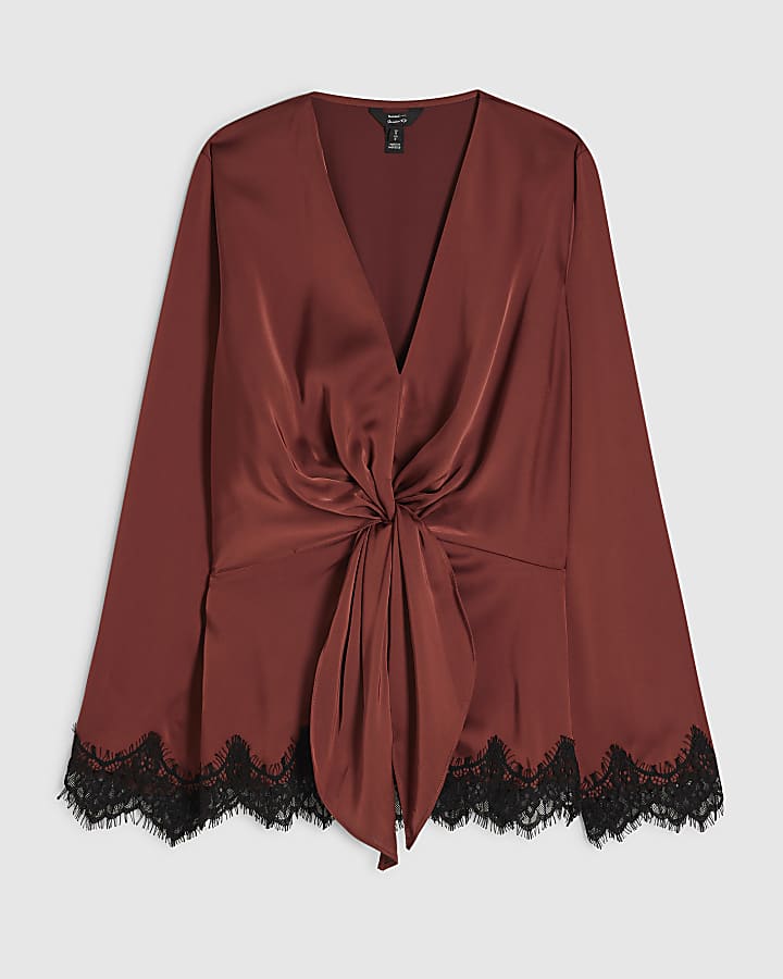 Brown Knot Front Lace Top
