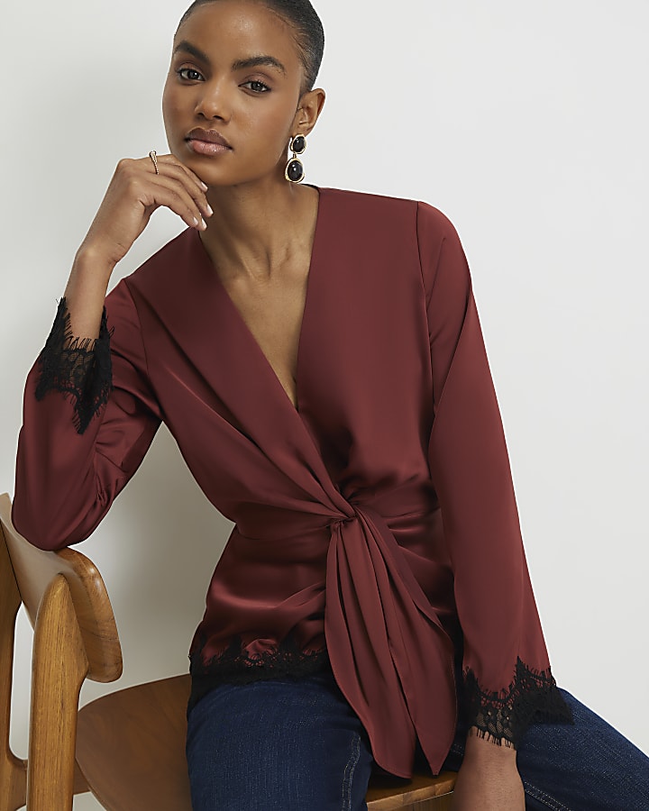Brown Knot Front Lace Top