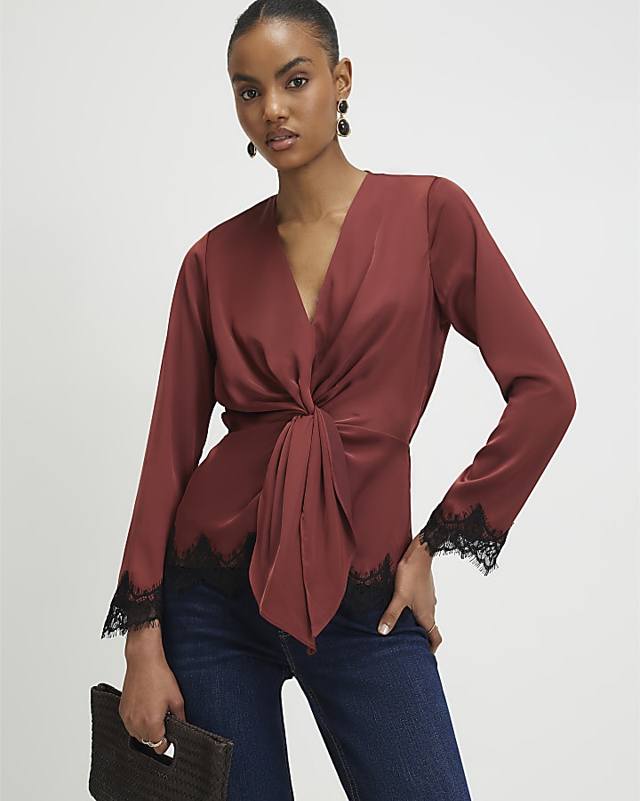 Brown Knot Front Lace Top