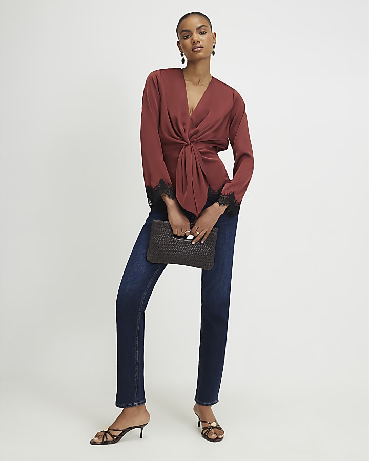 Brown Knot Front Lace Top