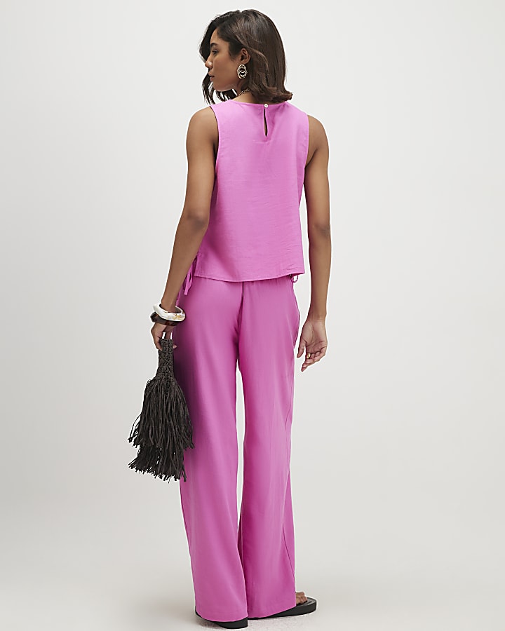 Pink Linen Blend Wide Leg Trousers