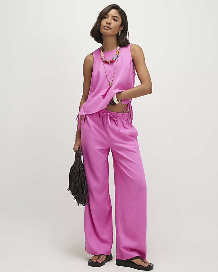 Pink Linen Blend Wide Leg Trousers