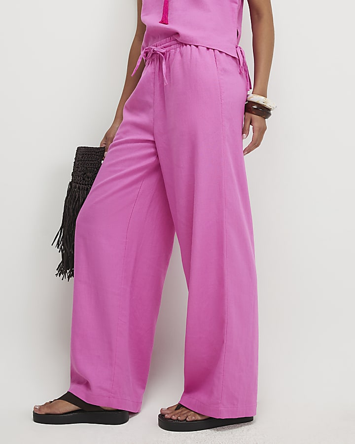 Pink Linen Blend Wide Leg Trousers