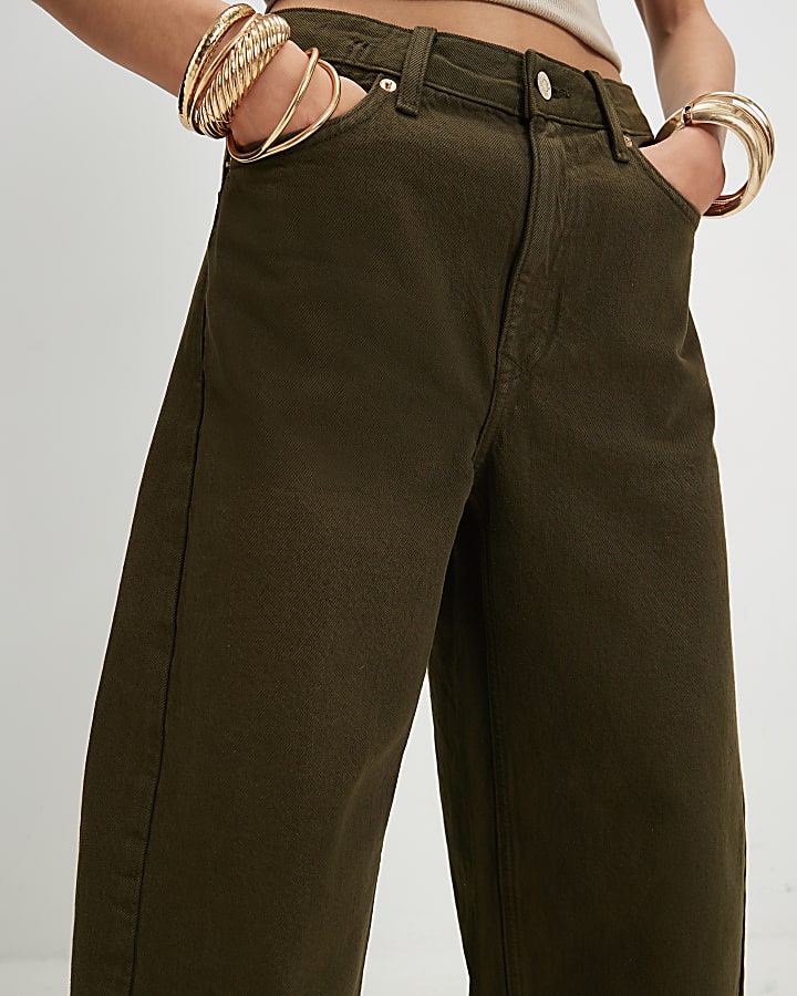 Khaki Twist Seam Barrel Leg Jeans