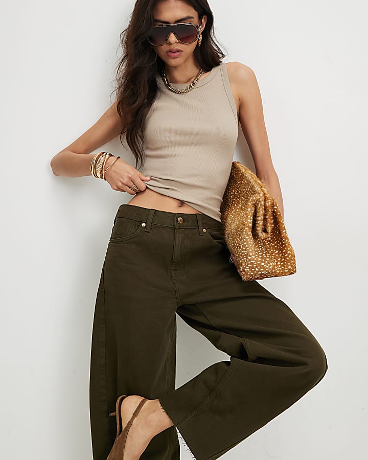 Khaki Twist Seam Barrel Leg Jeans