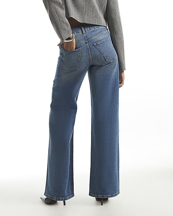 Blue High Waisted Washed Wide Leg Jeans