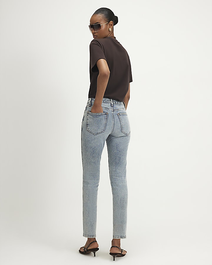 Blue Cropped Distressed Denim Cigarette Jeans