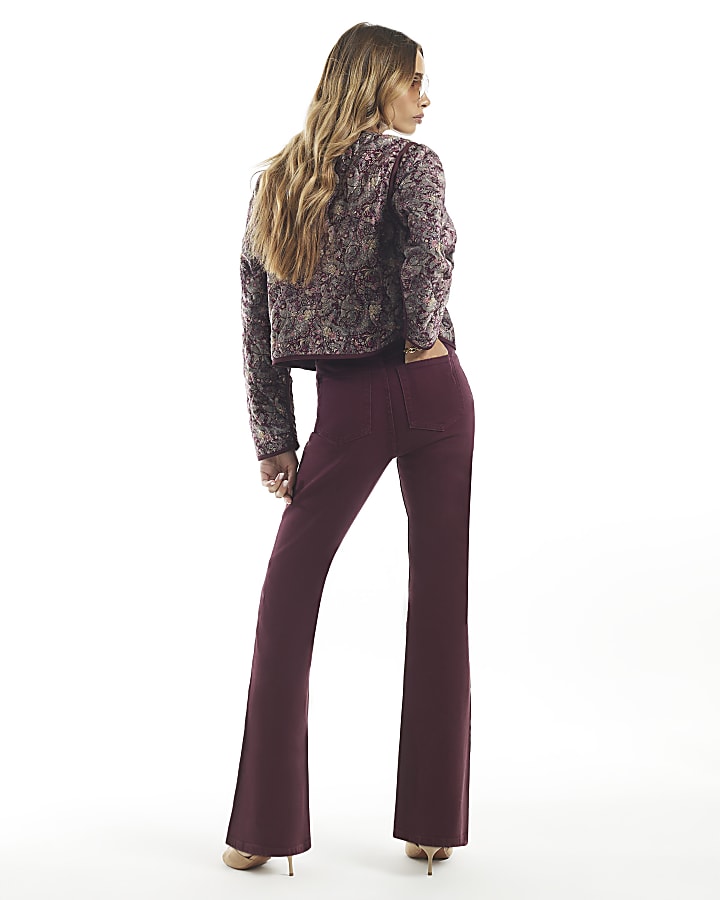 Burgundy High Waisted Slim Fit Flared Jeans